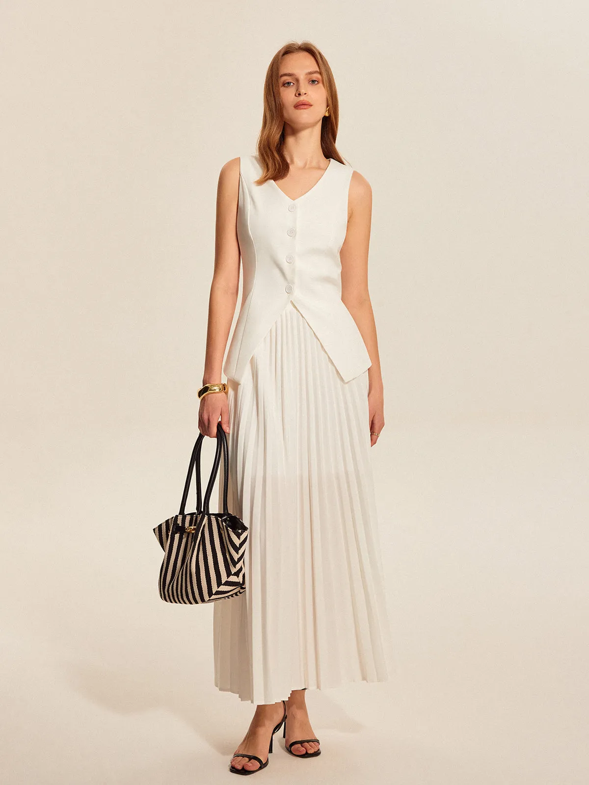 Buttoned Vest Pleated Skirt Set sold by COMMENSE product image thumbnail 2