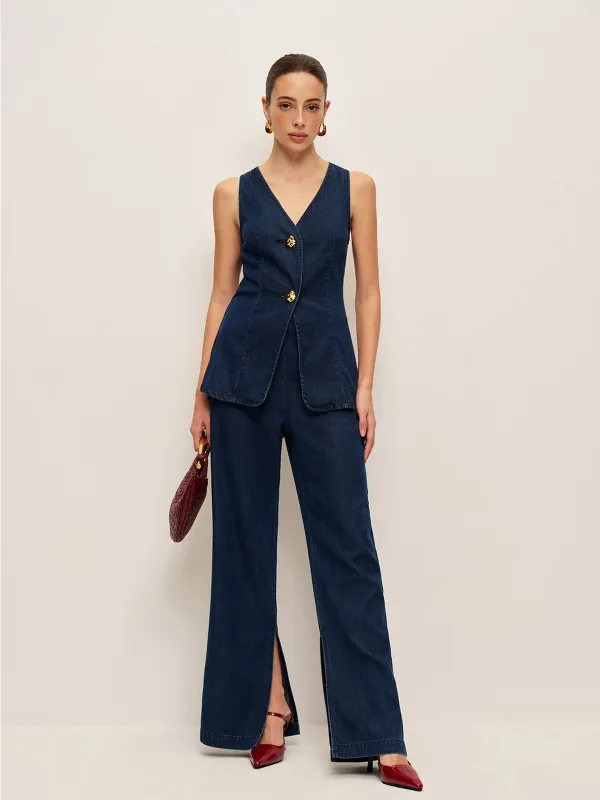 Front-Slit High-Waisted Denim Pants sold by COMMENSE