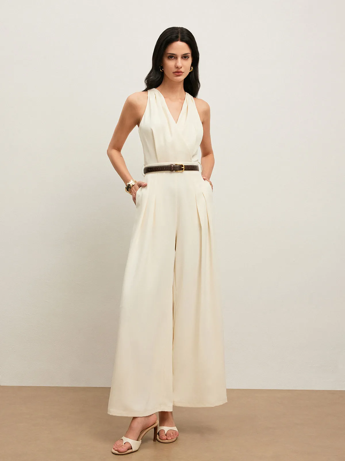 Back Button Halter Jumpsuit With Belted Waist sold by COMMENSE product image thumbnail 3