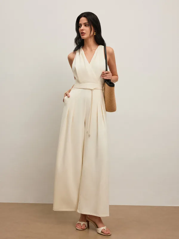 Back Button Halter Jumpsuit With Belted Waist sold by COMMENSE