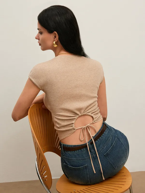 Back Tie Detail Ribbed T-Shirt sold by COMMENSE