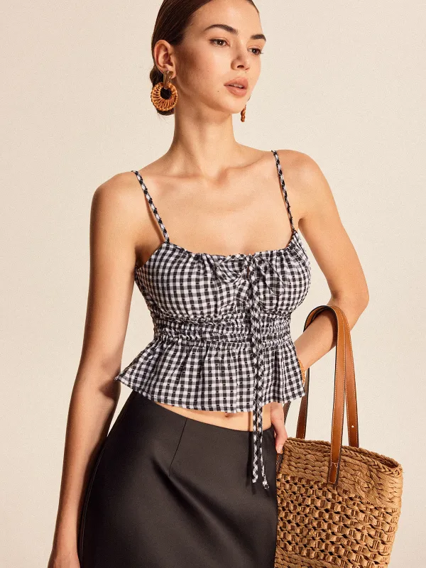 Smocked Peplum Gingham Cami Top sold by COMMENSE