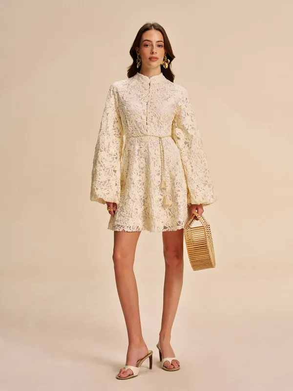 Lace Bell-Sleeve Dress With Belt sold by COMMENSE