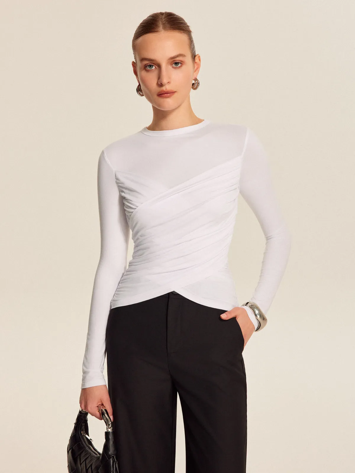 Twist-Front Long Sleeve Top sold by COMMENSE
