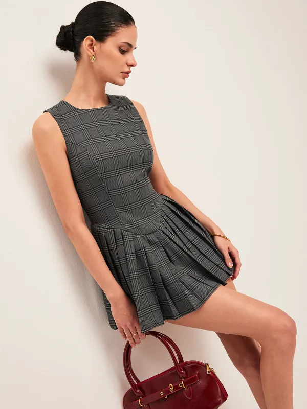 Plaid Pleated Sleeveless Dress sold by COMMENSE