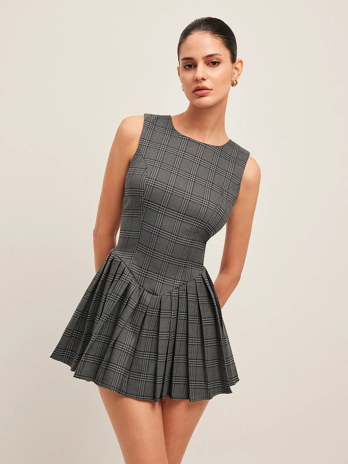 Plaid Pleated Sleeveless Dress sold by COMMENSE product image thumbnail 2