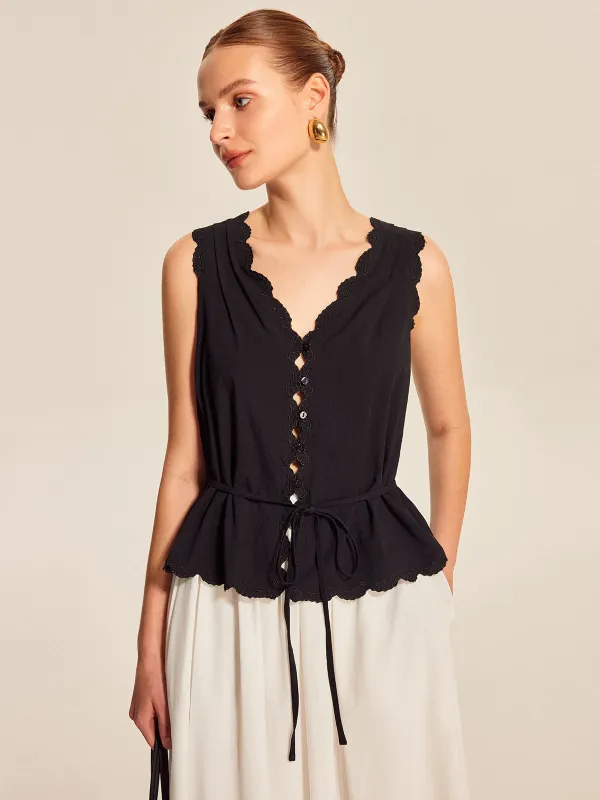 Lace-Trim Scalloped Button-Up Top sold by COMMENSE