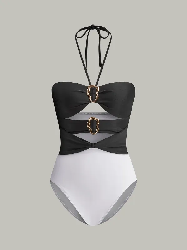 Halter Cutout Metal Ring One-Piece Swimsuit sold by COMMENSE