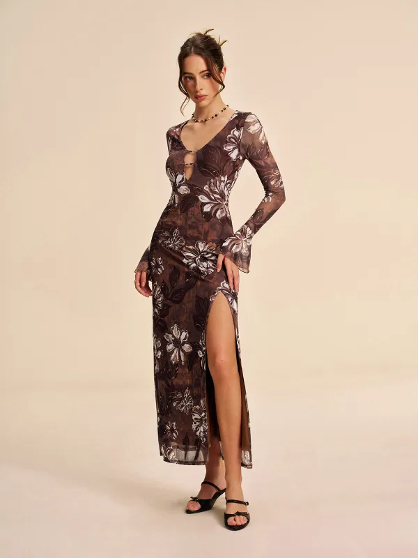 Semi-Sheer Mesh Floral Cutout Slit Dress sold by COMMENSE