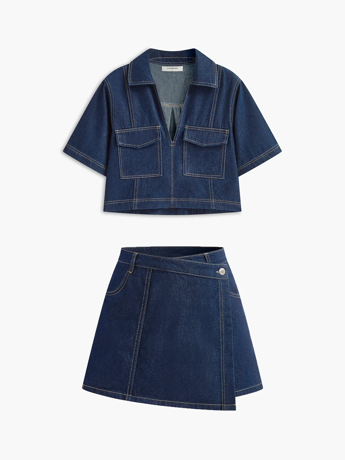 Denim Pocket Detail Shorts Set sold by COMMENSE
