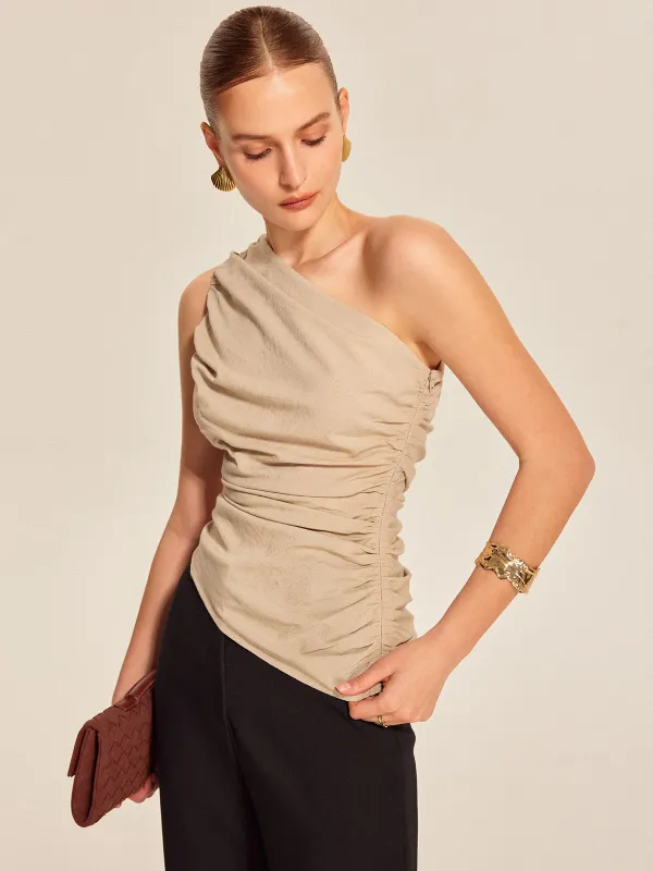 Ruched Side One-Shoulder Top sold by COMMENSE
