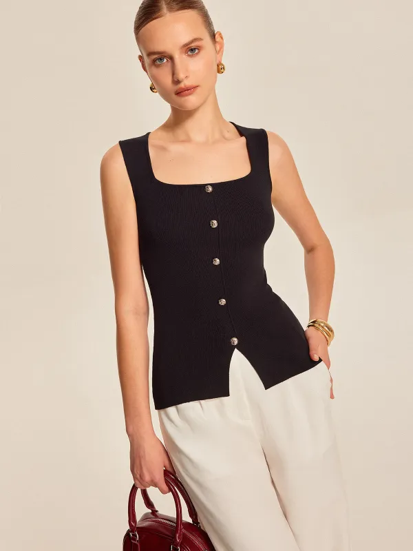 Button Front Square Neck Top sold by COMMENSE