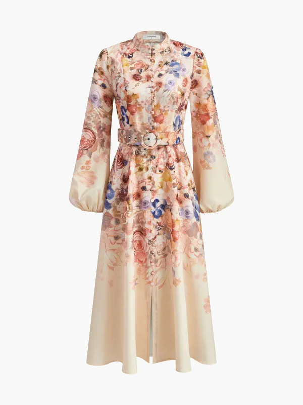 Belted Balloon Sleeve Floral Dress sold by COMMENSE