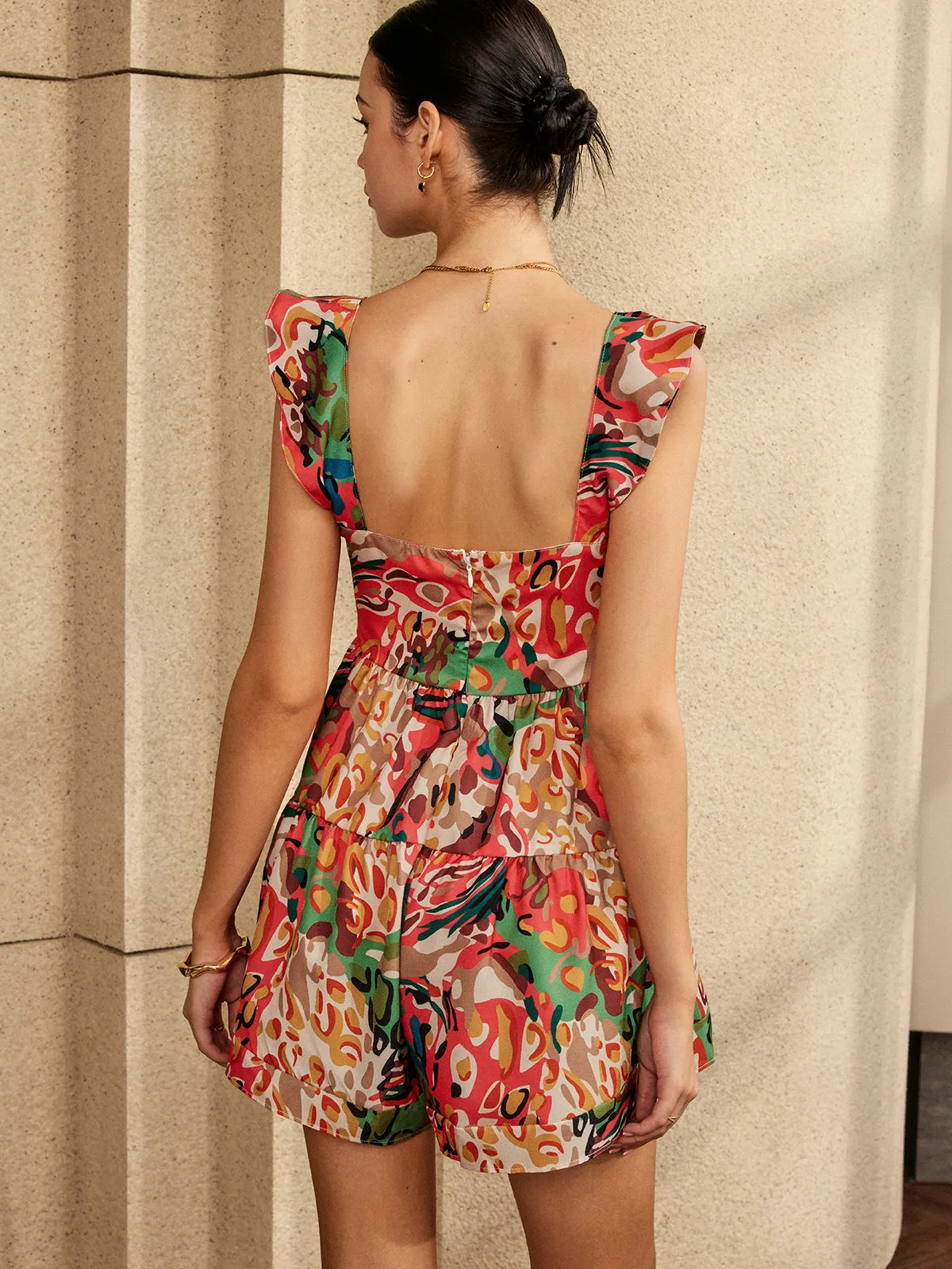 Print Low Cut Ruffle Short Jumpsuit sold by COMMENSE product image thumbnail 5