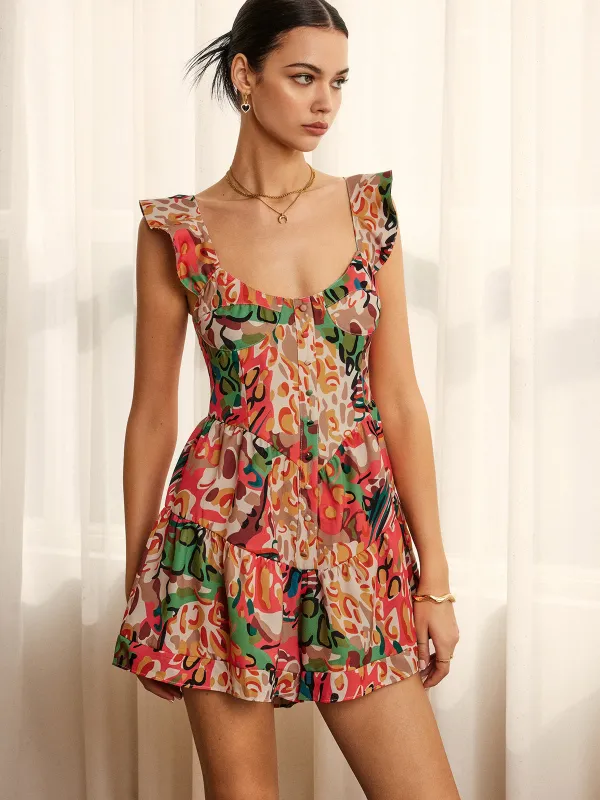 Print Low Cut Ruffle Short Jumpsuit sold by COMMENSE