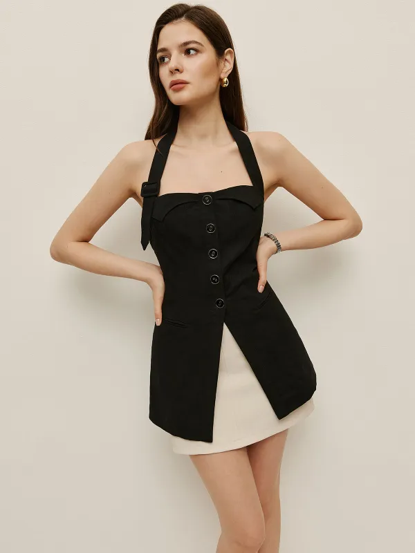 Halter Neck Button-Up Top sold by COMMENSE