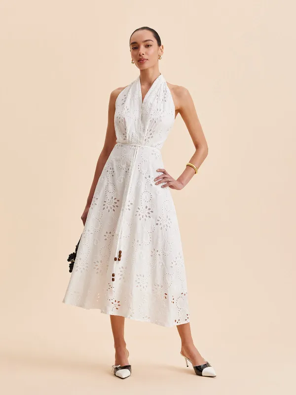 Halter Neck Eyelet Belted Midi Dress sold by COMMENSE