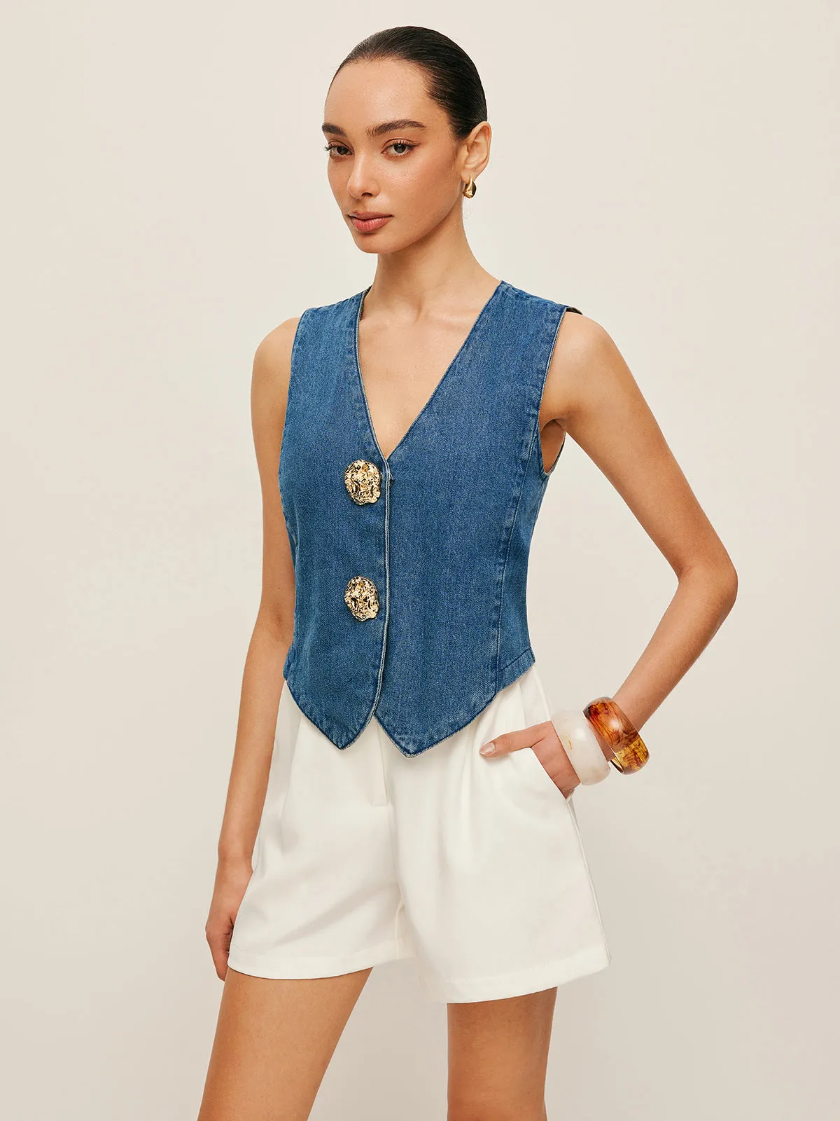 Tailored Denim Button-Up Vest sold by COMMENSE product image thumbnail 4