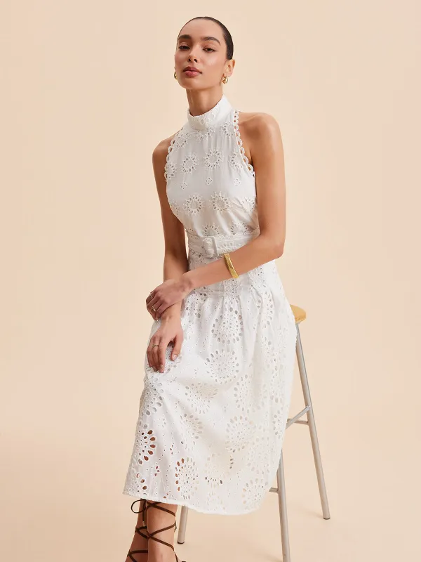 Lace Eyelet Belted A-Line Dress sold by COMMENSE