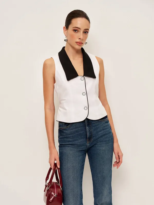 Contrast Collar Button-Up Vest With Back Bow sold by COMMENSE