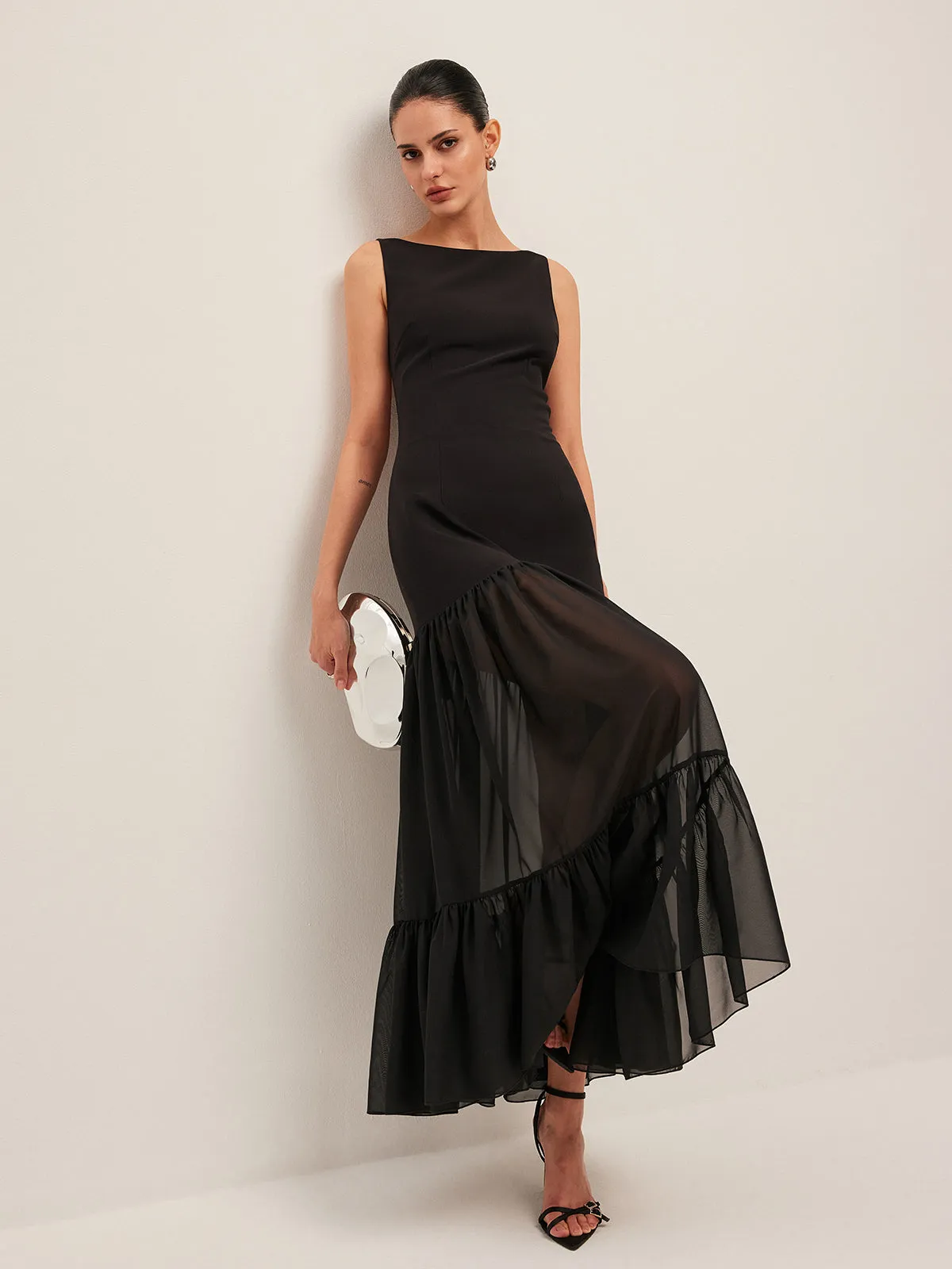 Sheer Panel Back-Tie Ruffled Hem Dress sold by COMMENSE product image thumbnail 5