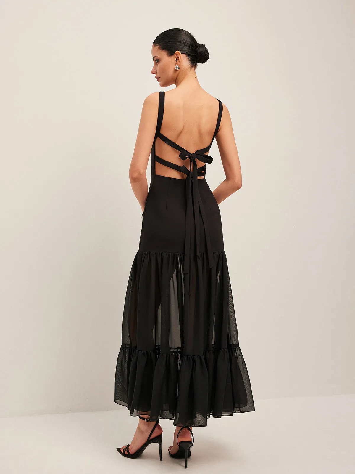 Sheer Panel Back-Tie Ruffled Hem Dress sold by COMMENSE