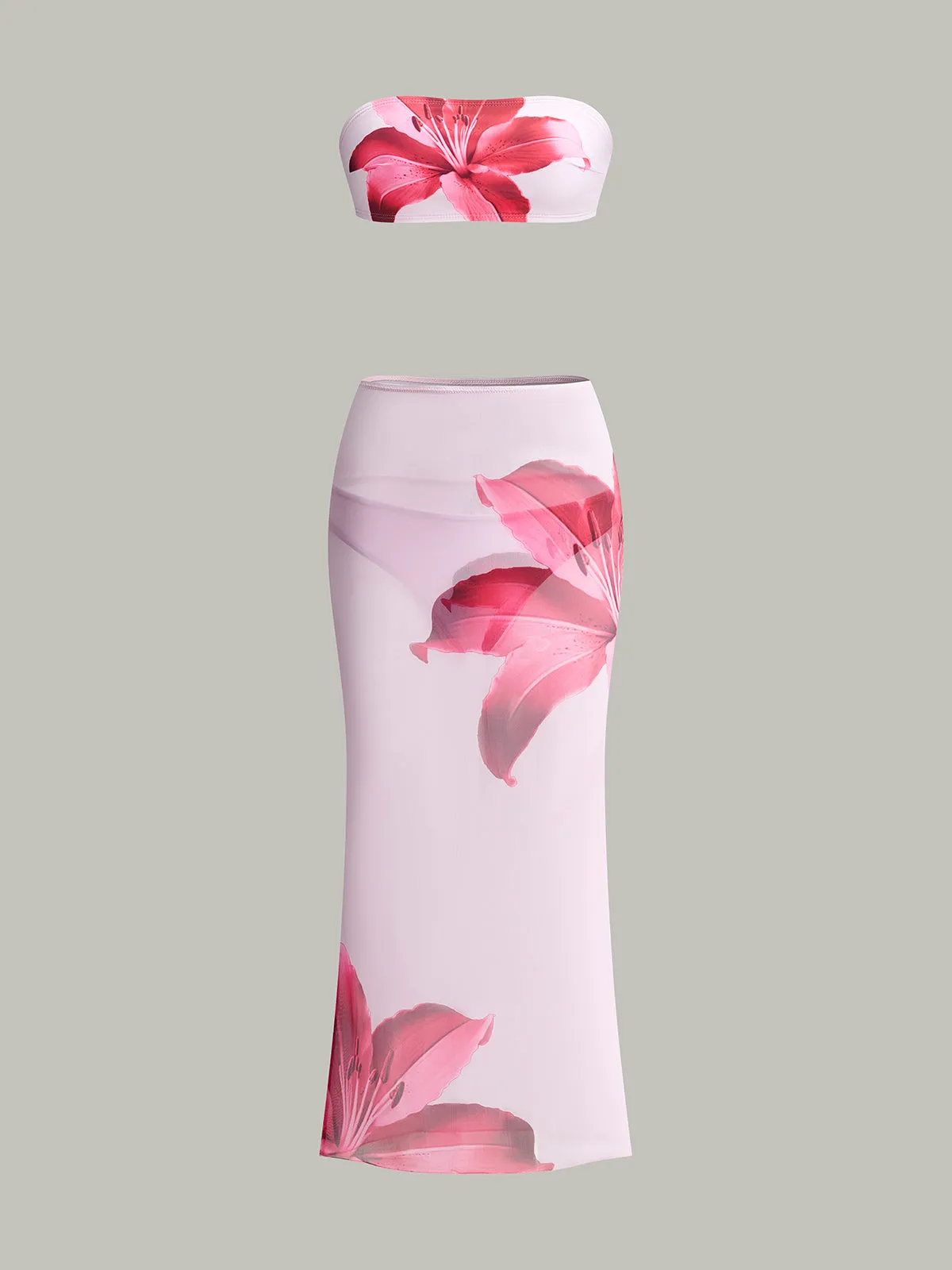 Floral Print Bandeau Bikini With Cover-Up Skirt sold by COMMENSE