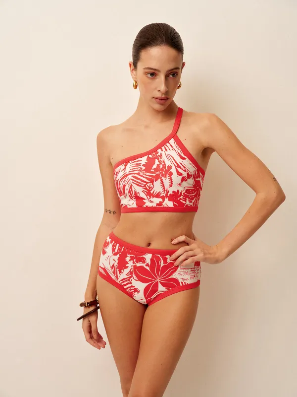 One-Shoulder Tropical Print Bikini Set sold by COMMENSE