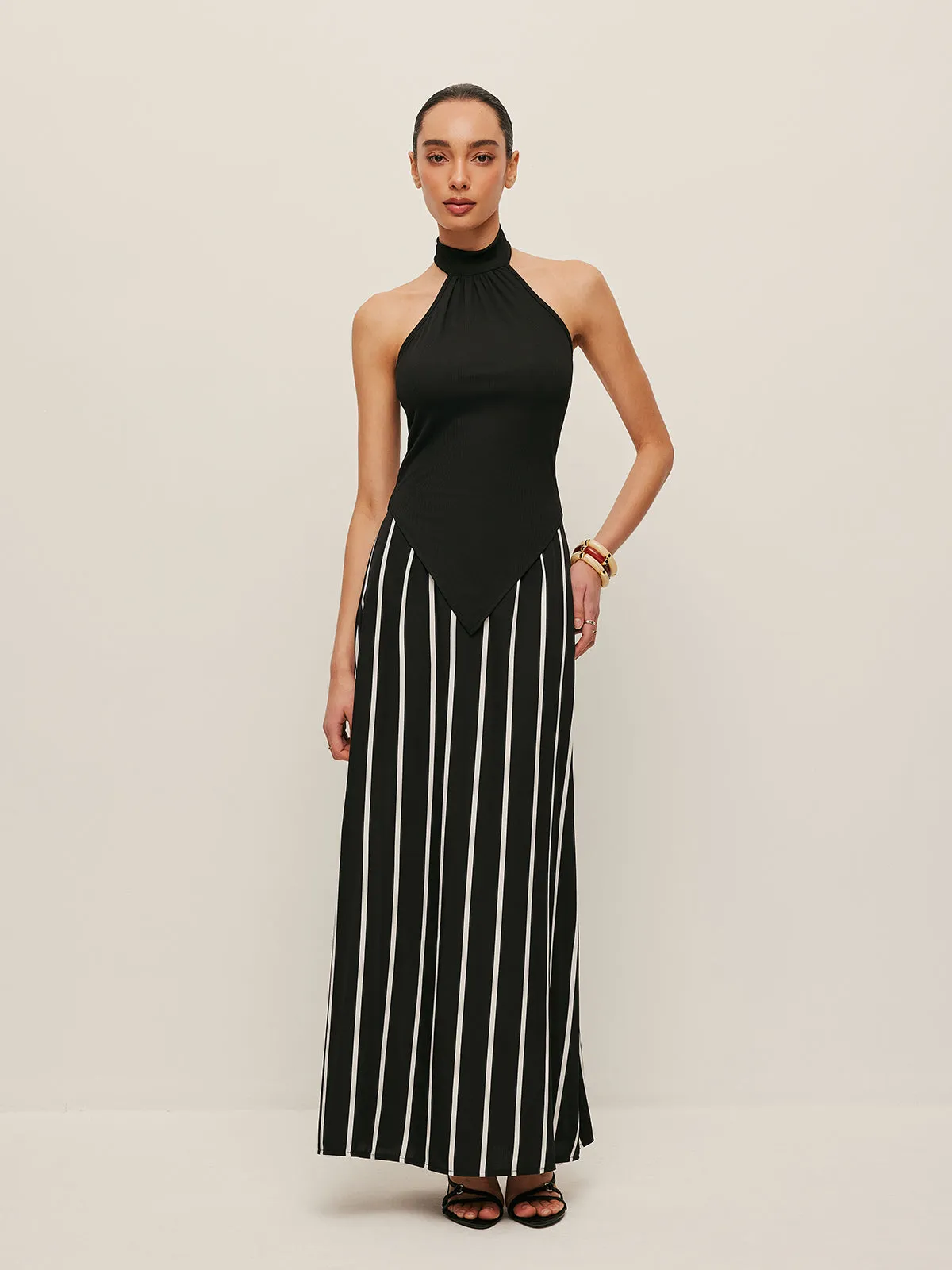 High Neck Asymmetric Panel Stripe Skirt Set sold by COMMENSE