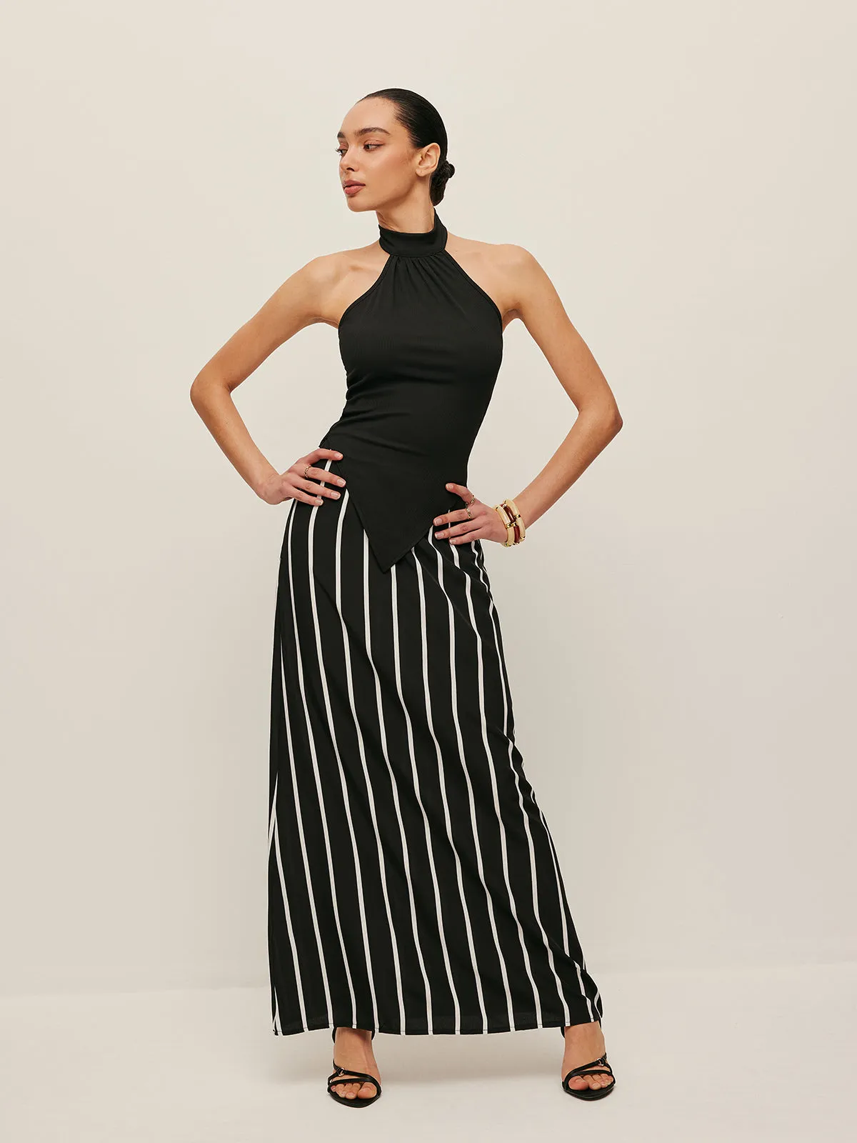 High Neck Asymmetric Panel Stripe Skirt Set sold by COMMENSE product image thumbnail 4