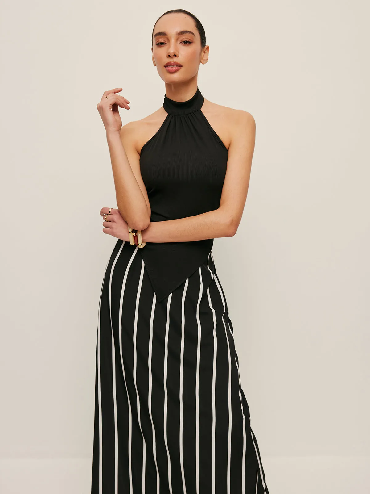High Neck Asymmetric Panel Stripe Skirt Set sold by COMMENSE product image thumbnail 3
