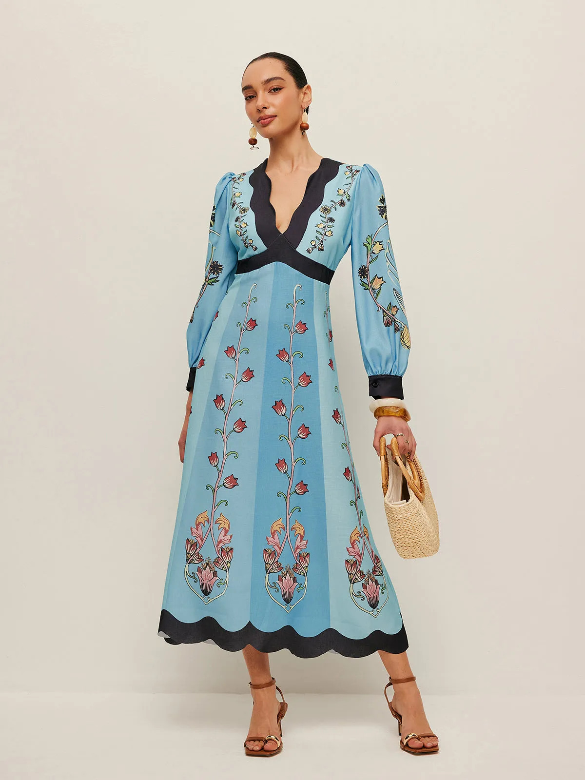 Open-Back Puff Sleeve Floral Dress sold by COMMENSE
