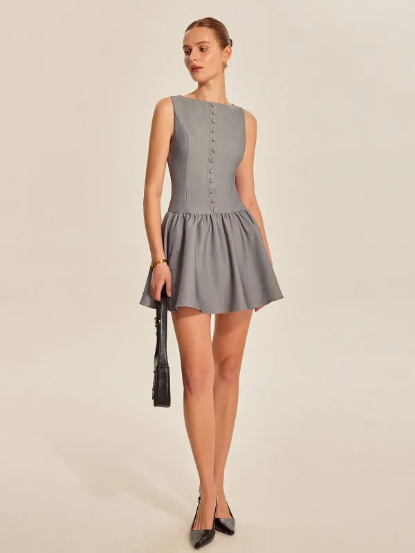 Button Front Pleated Sleeveless Dress sold by COMMENSE
