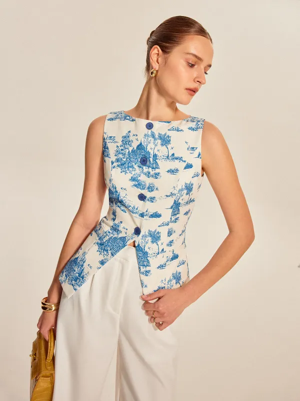 Printed Sleeveless Split Hem Vest sold by COMMENSE