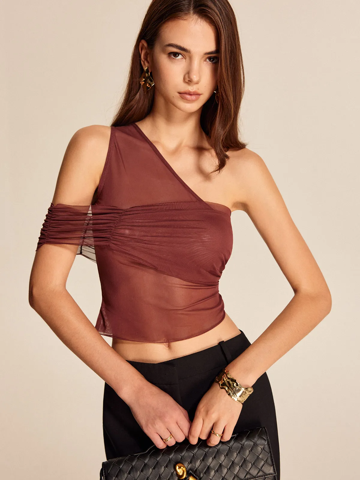 Semi-Sheer One-Shoulder Mesh Top sold by COMMENSE
