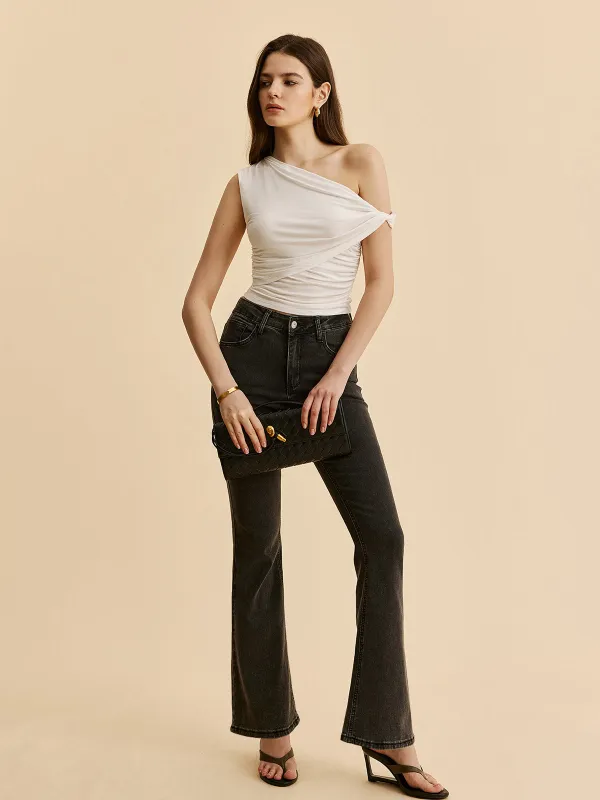 Asymmetrical Ruched One-Shoulder Top sold by COMMENSE