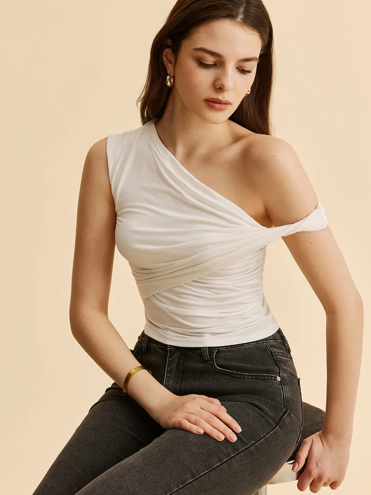 Asymmetrical Ruched One-Shoulder Top sold by COMMENSE product image thumbnail 5