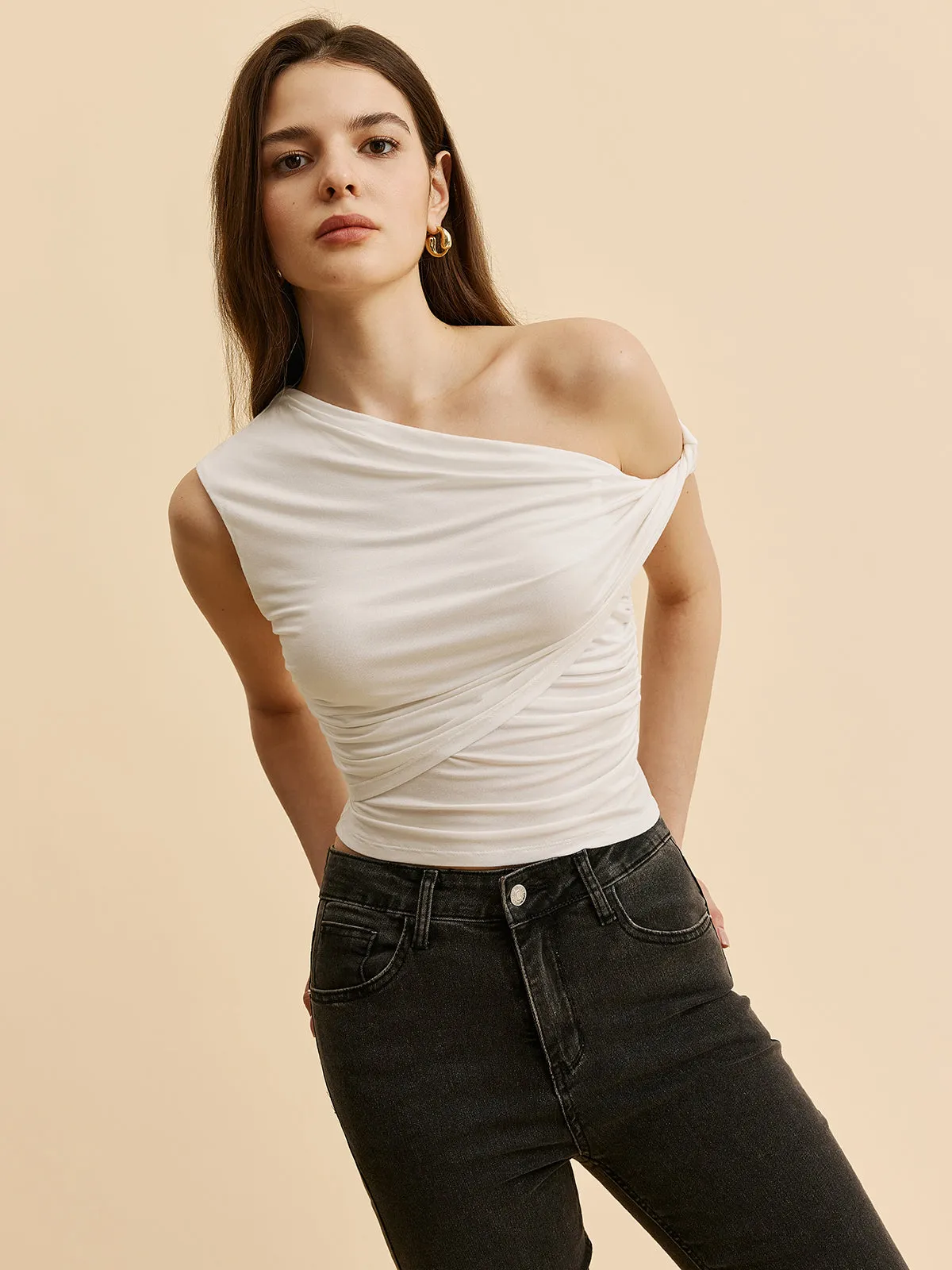 Asymmetrical Ruched One-Shoulder Top sold by COMMENSE product image thumbnail 3
