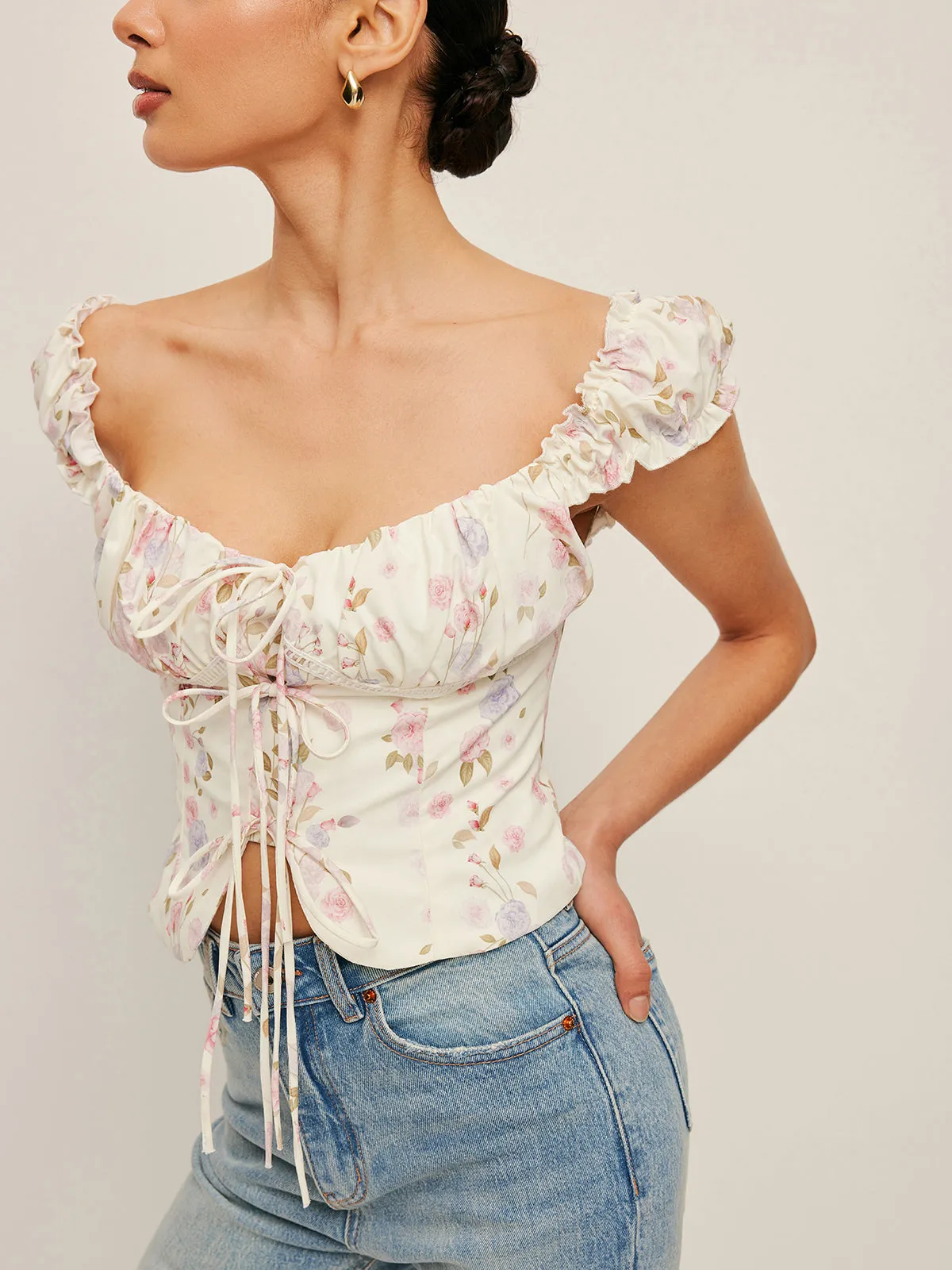Ruffle Sleeve Tie-Front Bustier Top sold by COMMENSE