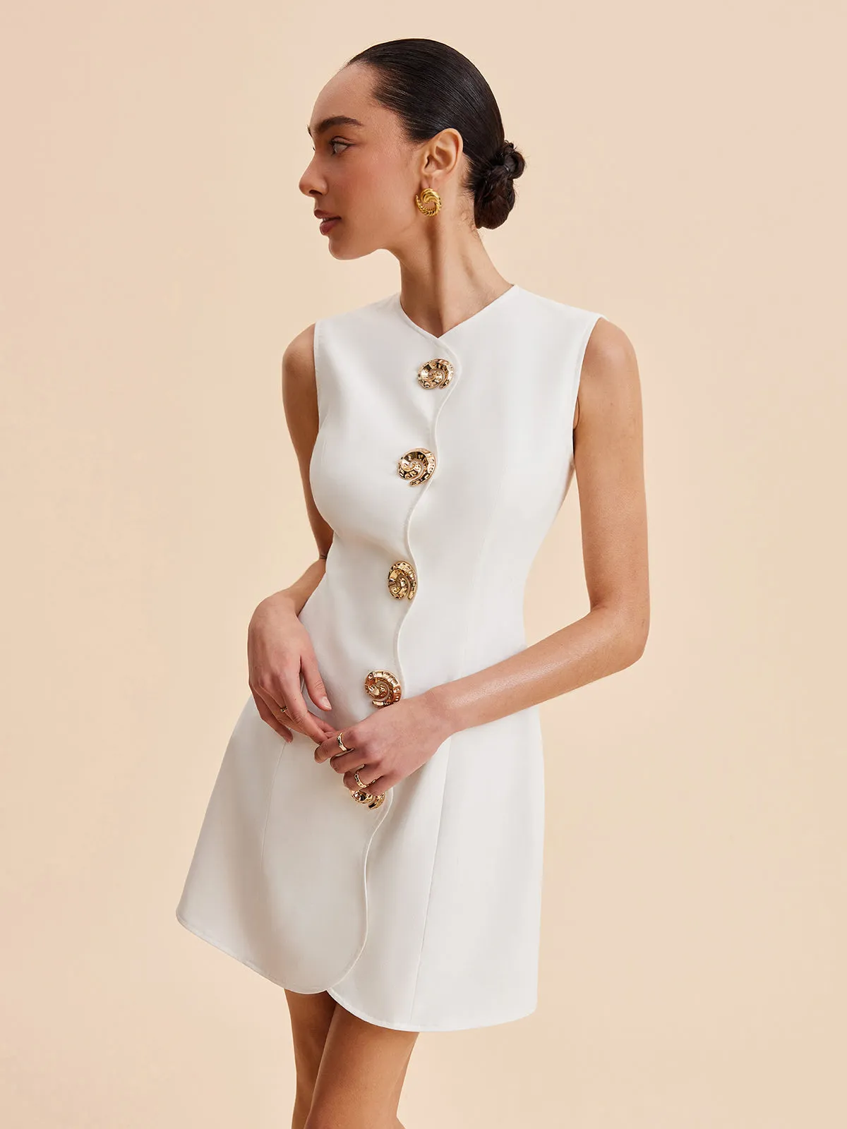 Asymmetrical Button-Up Sleeveless Dress sold by COMMENSE