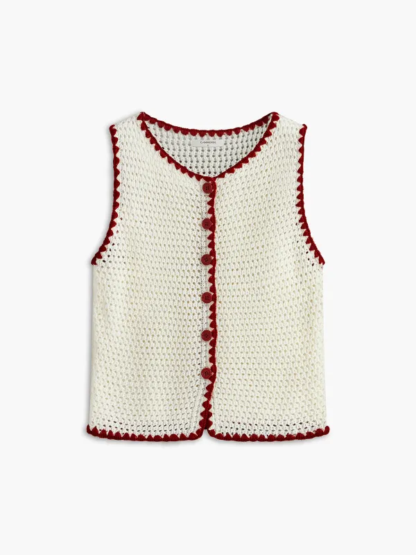 Button-Up Contrast Crochet Vest sold by COMMENSE