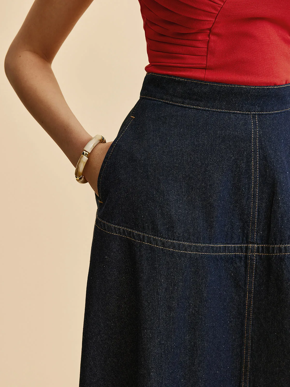 A-Line Denim Skirt With Side Pockets sold by COMMENSE product image thumbnail 3