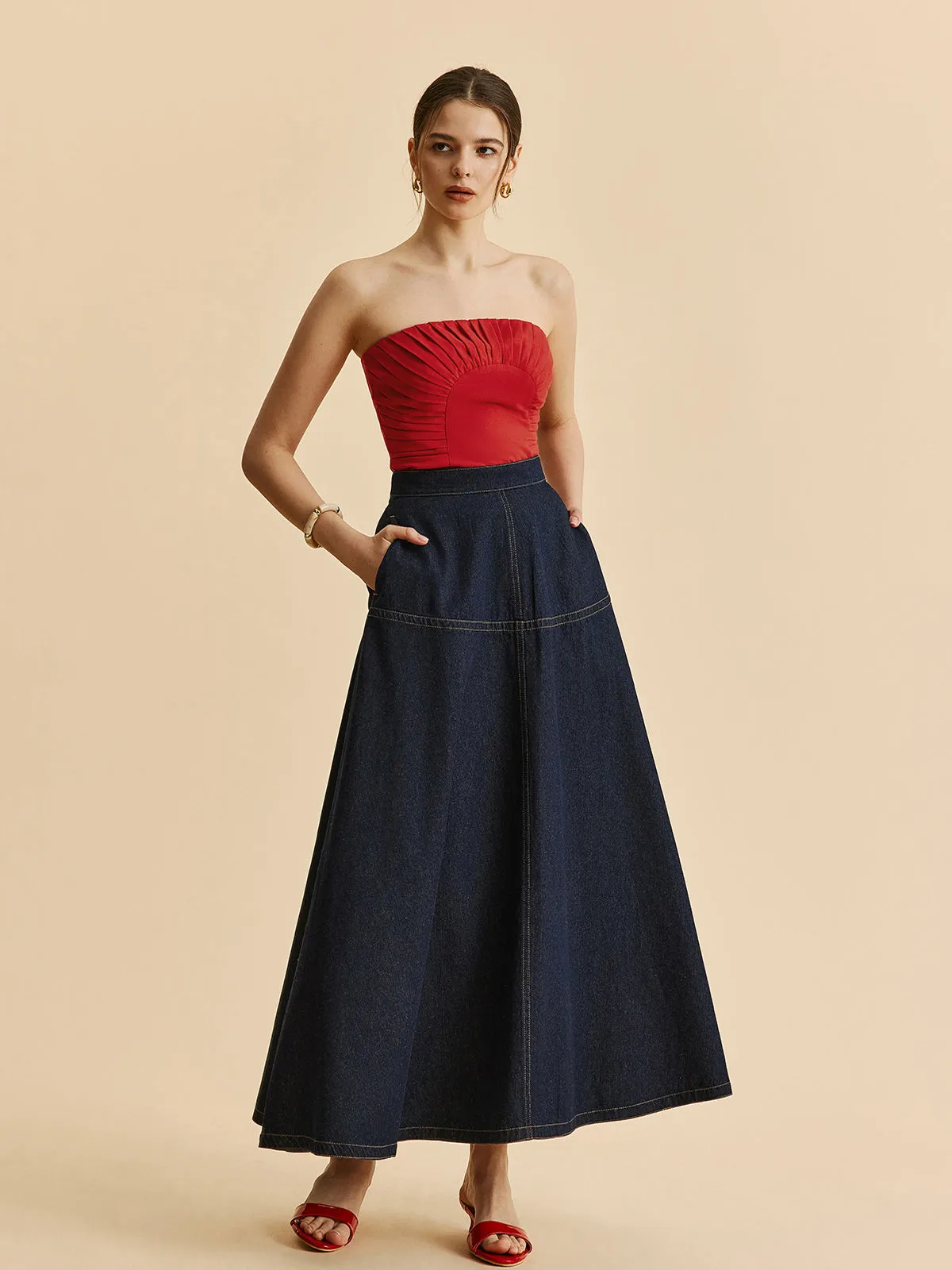 A-Line Denim Skirt With Side Pockets sold by COMMENSE product image thumbnail 2