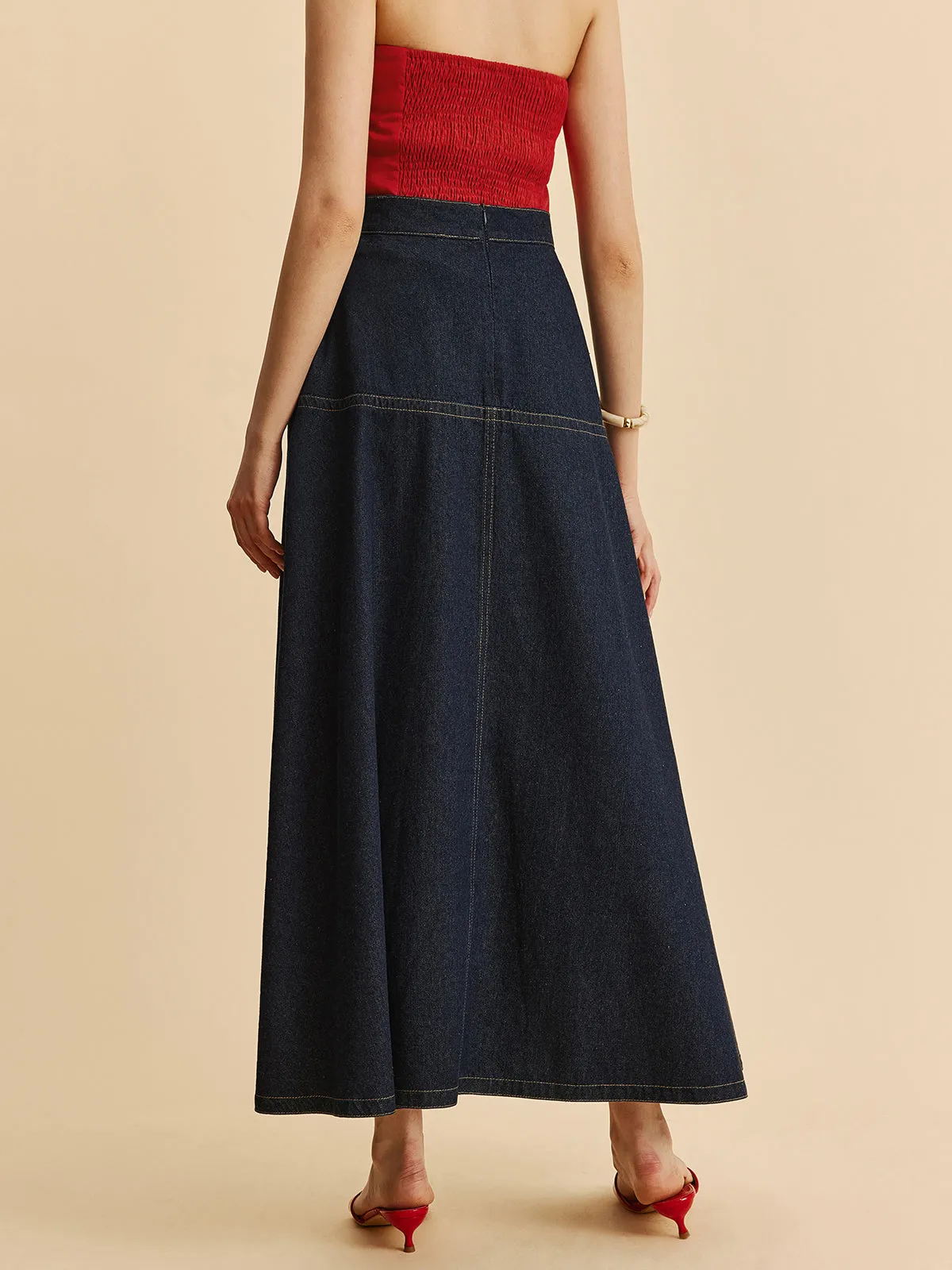 A-Line Denim Skirt With Side Pockets sold by COMMENSE product image thumbnail 4