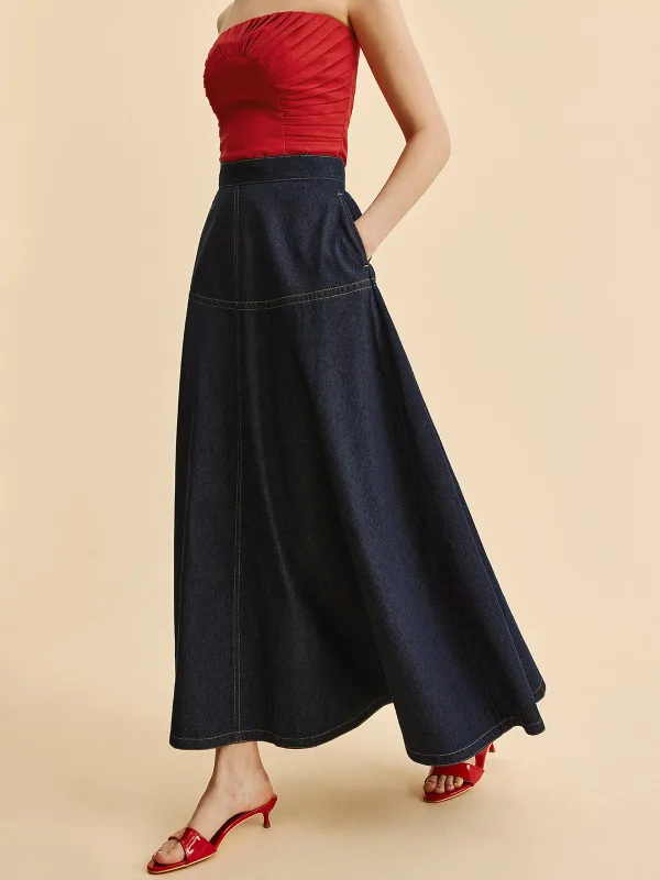 A-Line Denim Skirt With Side Pockets sold by COMMENSE
