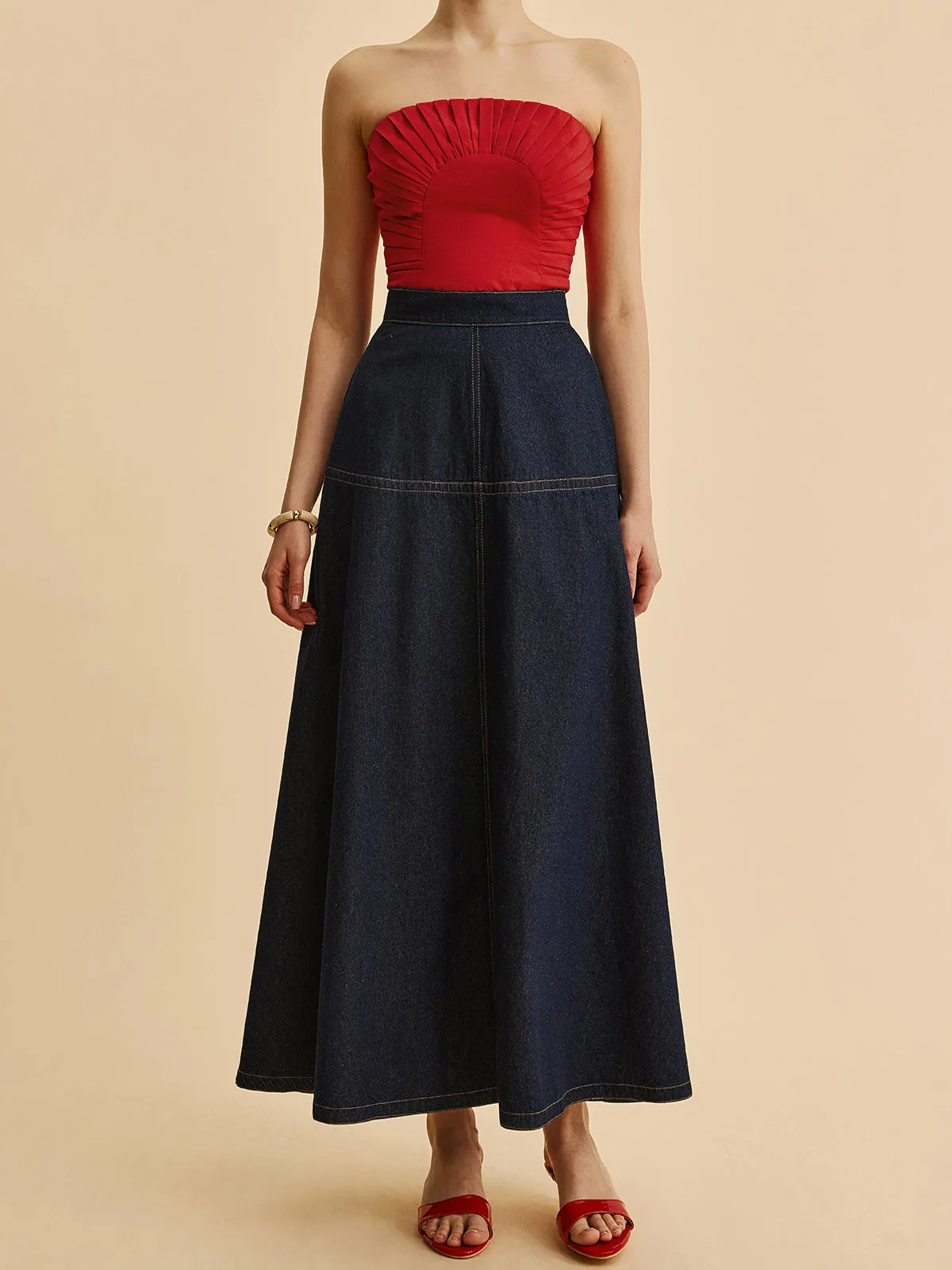 A-Line Denim Skirt With Side Pockets sold by COMMENSE product image thumbnail 5
