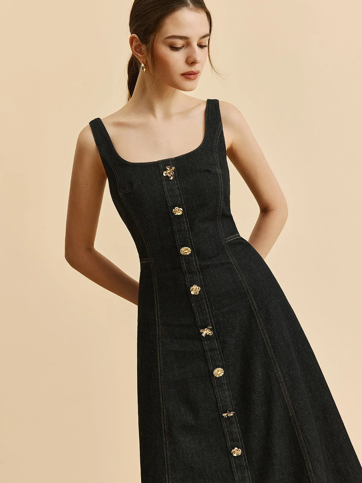 Square Neck Denim Button Dress sold by COMMENSE product image thumbnail 2