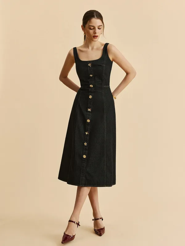 Square Neck Denim Button Dress sold by COMMENSE