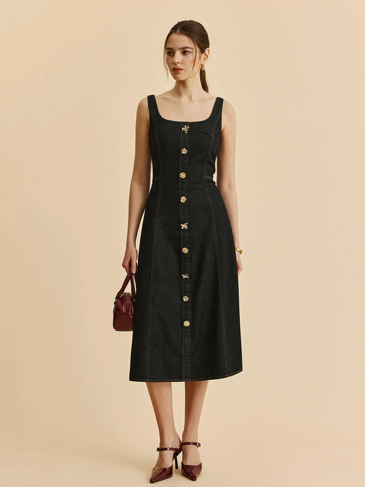 Square Neck Denim Button Dress sold by COMMENSE product image thumbnail 3