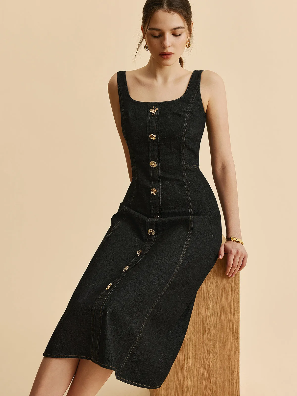 Square Neck Denim Button Dress sold by COMMENSE product image thumbnail 5